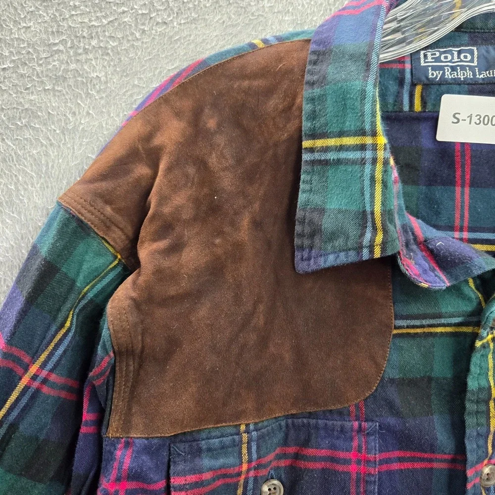 VINTAGE Polo Ralph Lauren Men Button Up Shirt XL Blue Plaid‎ Flannel Faux Suede
